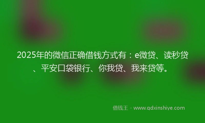 2025年的微信正确借钱方式有：e微贷、读秒贷、平安口袋银行、你我贷、我来贷等。