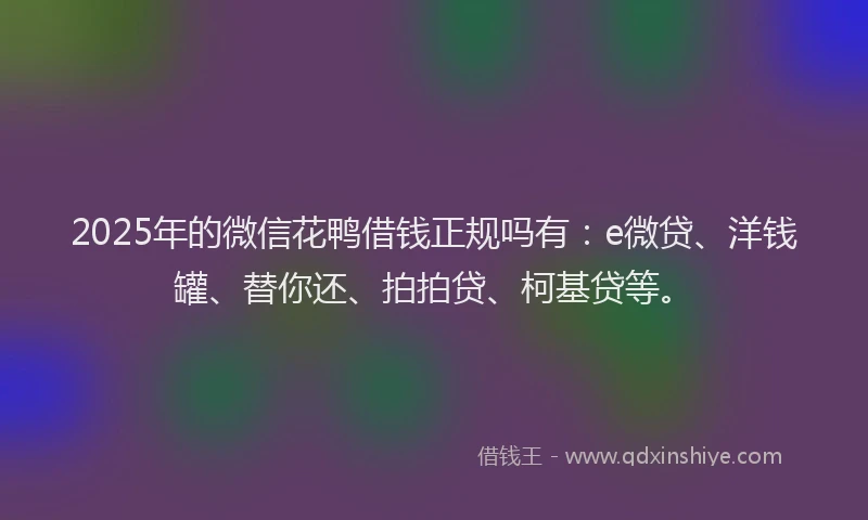 2025年的微信花鸭借钱正规吗有：e微贷、洋钱罐、替你还、拍拍贷、柯基贷等。
