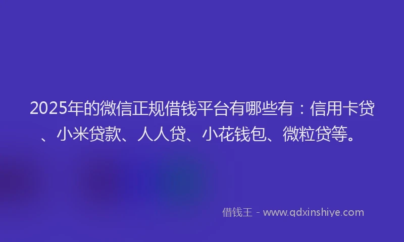 2025年的微信正规借钱平台有哪些有：信用卡贷、小米贷款、人人贷、小花钱包、微粒贷等。