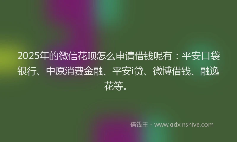 2025年的微信花呗怎么申请借钱呢有：平安口袋银行、中原消费金融、平安i贷、微博借钱、融逸花等。