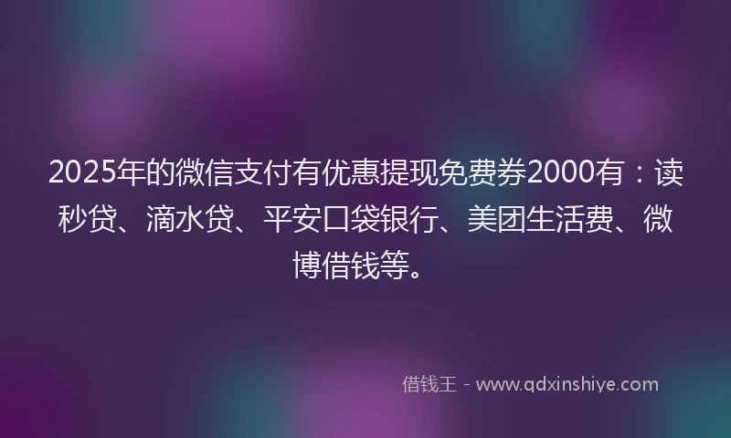 2025年的微信支付有优惠提现免费券2000有：读秒贷、滴水贷、平安口袋银行、美团生活费、微博借钱等。