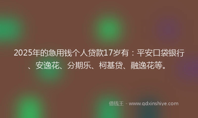 2025年的急用钱个人贷款17岁有：平安口袋银行、安逸花、分期乐、柯基贷、融逸花等。