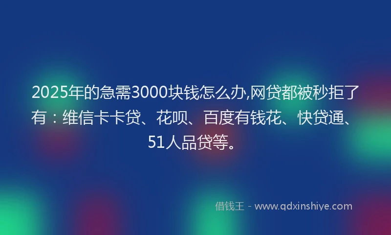 2025年的急需3000块钱怎么办,网贷都被秒拒了有：维信卡卡贷、花呗、百度有钱花、快贷通、51人品贷等。