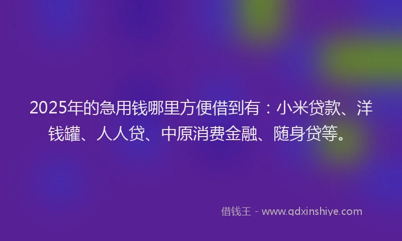 2025年的急用钱哪里方便借到有：小米贷款、洋钱罐、人人贷、中原消费金融、随身贷等。