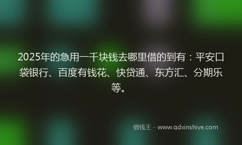 2025年的急用一千块钱去哪里借的到有：平安口袋银行、百度有钱花、快贷通、东方汇、分期乐等。