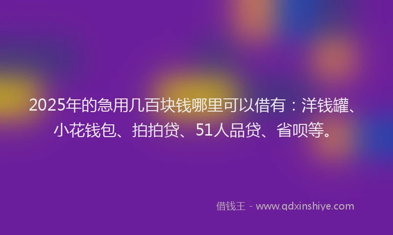 2025年的急用几百块钱哪里可以借有：洋钱罐、小花钱包、拍拍贷、51人品贷、省呗等。
