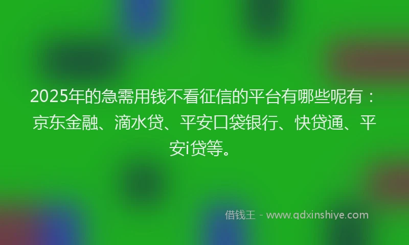 2025年的急需用钱不看征信的平台有哪些呢有：京东金融、滴水贷、平安口袋银行、快贷通、平安i贷等。