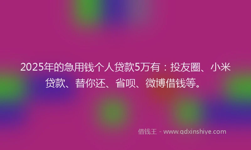 2025年的急用钱个人贷款5万有：投友圈、小米贷款、替你还、省呗、微博借钱等。