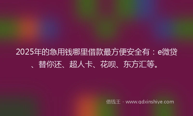 2025年的急用钱哪里借款最方便安全有：e微贷、替你还、超人卡、花呗、东方汇等。
