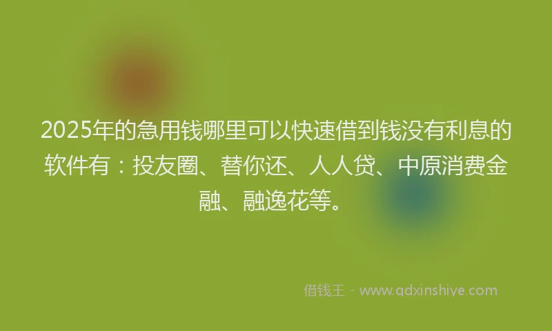 2025年的急用钱哪里可以快速借到钱没有利息的软件有：投友圈、替你还、人人贷、中原消费金融、融逸花等。