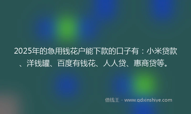 2025年的急用钱花户能下款的口子有：小米贷款、洋钱罐、百度有钱花、人人贷、惠商贷等。