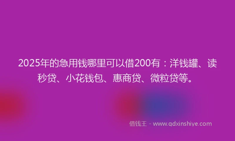 2025年的急用钱哪里可以借200有：洋钱罐、读秒贷、小花钱包、惠商贷、微粒贷等。