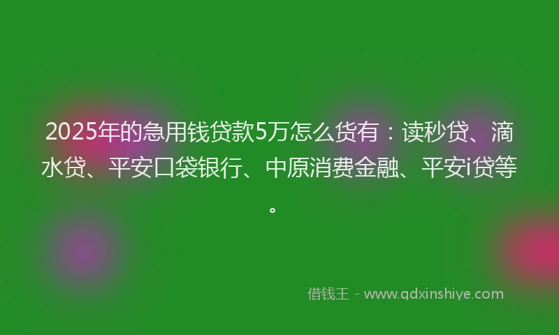 2025年的急用钱贷款5万怎么货有：读秒贷、滴水贷、平安口袋银行、中原消费金融、平安i贷等。