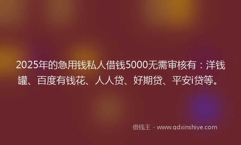 2025年的急用钱私人借钱5000无需审核有：洋钱罐、百度有钱花、人人贷、好期贷、平安i贷等。
