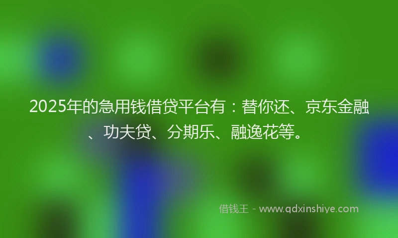 2025年的急用钱借贷平台有：替你还、京东金融、功夫贷、分期乐、融逸花等。
