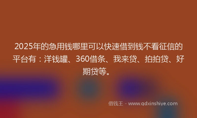 2025年的急用钱哪里可以快速借到钱不看征信的平台有：洋钱罐、360借条、我来贷、拍拍贷、好期贷等。
