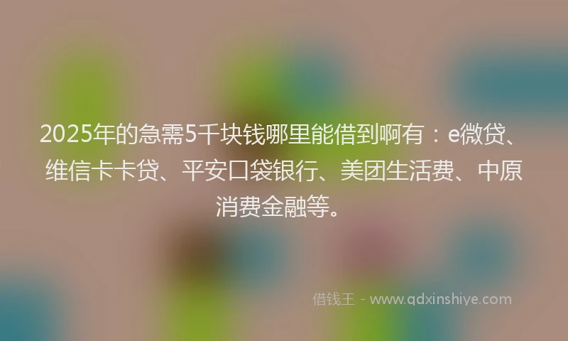 2025年的急需5千块钱哪里能借到啊有：e微贷、维信卡卡贷、平安口袋银行、美团生活费、中原消费金融等。