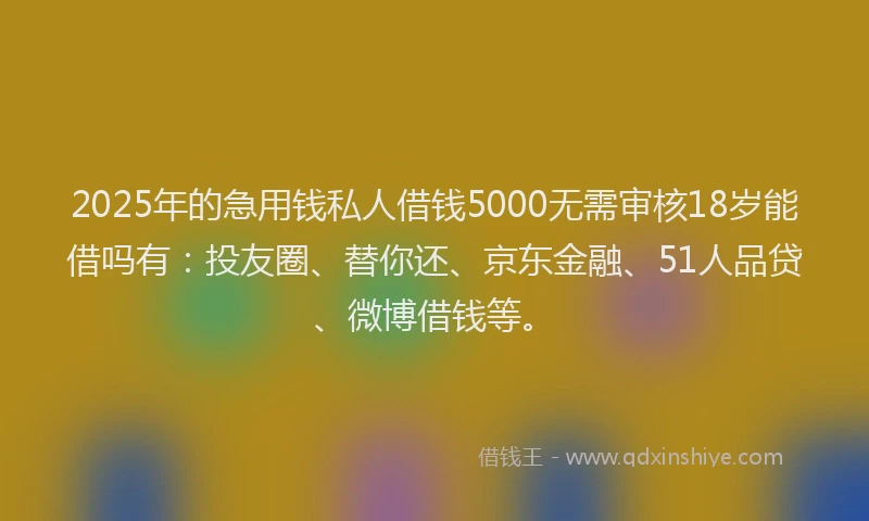 2025年的急用钱私人借钱5000无需审核18岁能借吗有：投友圈、替你还、京东金融、51人品贷、微博借钱等。