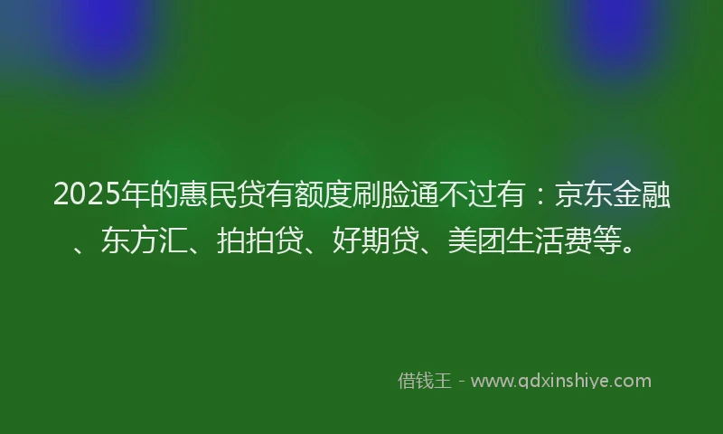 2025年的惠民贷有额度刷脸通不过有：京东金融、东方汇、拍拍贷、好期贷、美团生活费等。