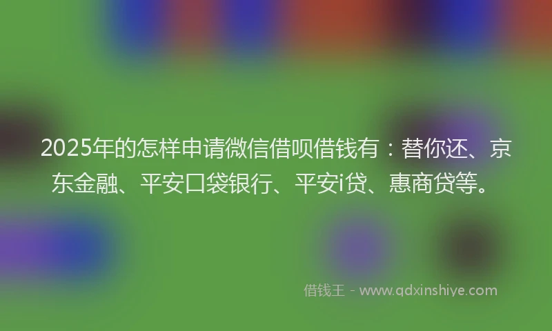 2025年的怎样申请微信借呗借钱有：替你还、京东金融、平安口袋银行、平安i贷、惠商贷等。