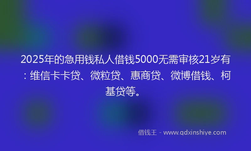 2025年的急用钱私人借钱5000无需审核21岁有：维信卡卡贷、微粒贷、惠商贷、微博借钱、柯基贷等。