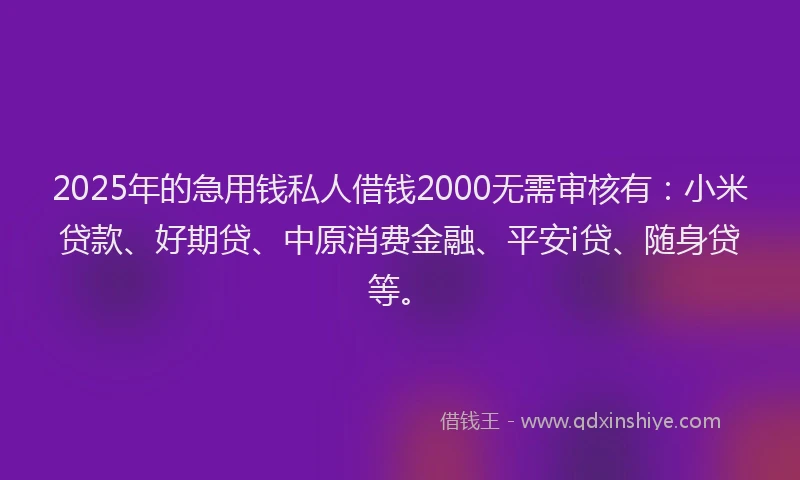 2025年的急用钱私人借钱2000无需审核有：小米贷款、好期贷、中原消费金融、平安i贷、随身贷等。