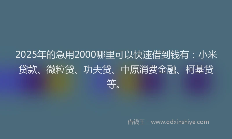 2025年的急用2000哪里可以快速借到钱有：小米贷款、微粒贷、功夫贷、中原消费金融、柯基贷等。