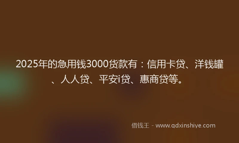 2025年的急用钱3000货款有：信用卡贷、洋钱罐、人人贷、平安i贷、惠商贷等。