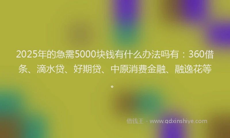 2025年的急需5000块钱有什么办法吗有：360借条、滴水贷、好期贷、中原消费金融、融逸花等。