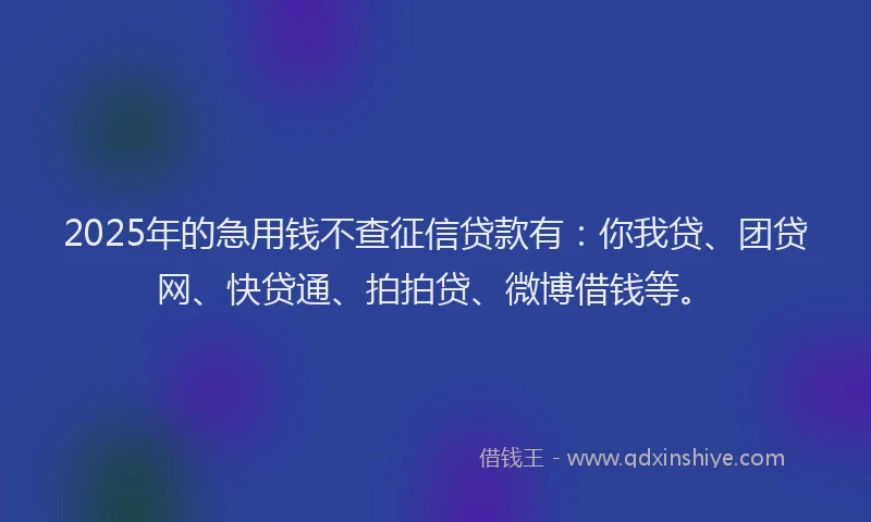 2025年的急用钱不查征信贷款有：你我贷、团贷网、快贷通、拍拍贷、微博借钱等。