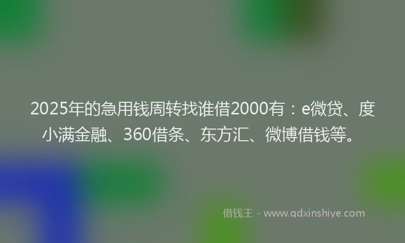 2025年的急用钱周转找谁借2000有：e微贷、度小满金融、360借条、东方汇、微博借钱等。