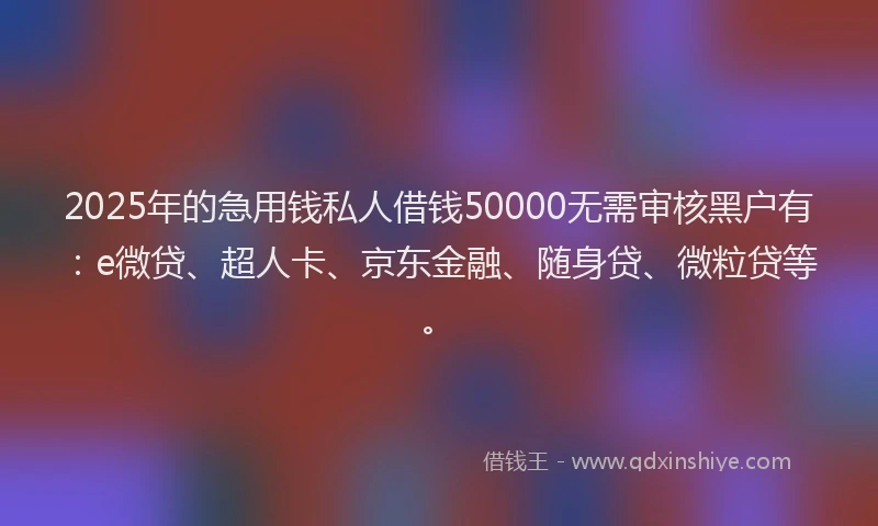 2025年的急用钱私人借钱50000无需审核黑户有：e微贷、超人卡、京东金融、随身贷、微粒贷等。