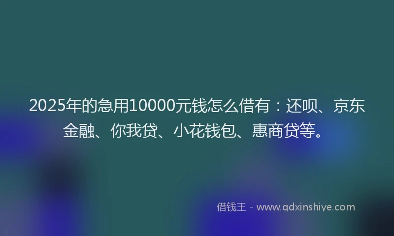 2025年的急用10000元钱怎么借有：还呗、京东金融、你我贷、小花钱包、惠商贷等。