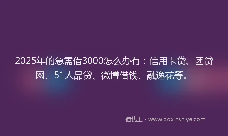 2025年的急需借3000怎么办有：信用卡贷、团贷网、51人品贷、微博借钱、融逸花等。