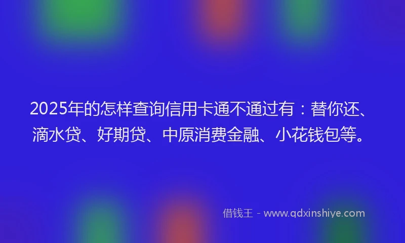 2025年的怎样查询信用卡通不通过有：替你还、滴水贷、好期贷、中原消费金融、小花钱包等。