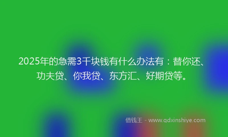 2025年的急需3千块钱有什么办法有：替你还、功夫贷、你我贷、东方汇、好期贷等。