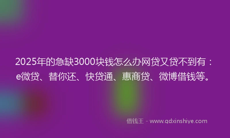 2025年的急缺3000块钱怎么办网贷又贷不到有：e微贷、替你还、快贷通、惠商贷、微博借钱等。