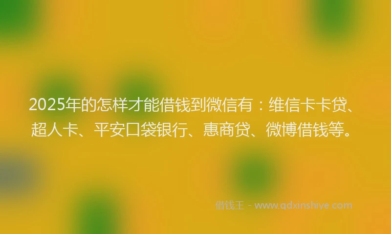 2025年的怎样才能借钱到微信有：维信卡卡贷、超人卡、平安口袋银行、惠商贷、微博借钱等。