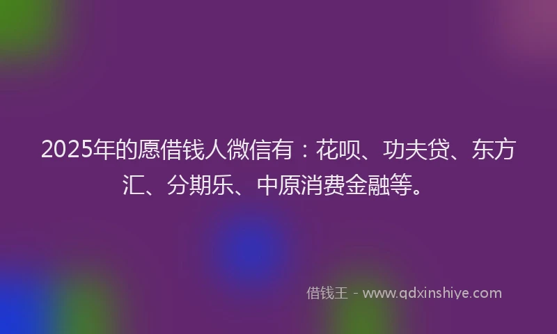 2025年的愿借钱人微信有：花呗、功夫贷、东方汇、分期乐、中原消费金融等。