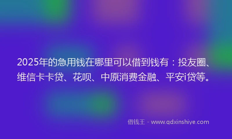 2025年的急用钱在哪里可以借到钱有：投友圈、维信卡卡贷、花呗、中原消费金融、平安i贷等。