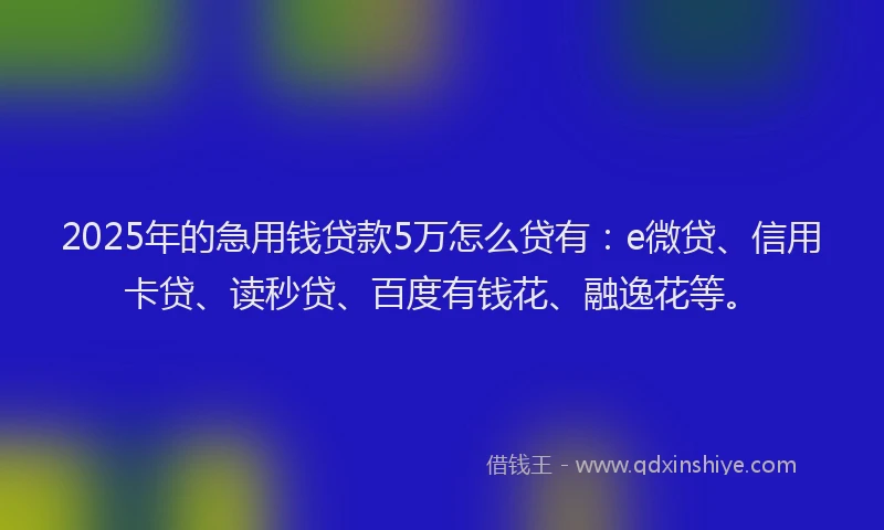 2025年的急用钱贷款5万怎么贷有：e微贷、信用卡贷、读秒贷、百度有钱花、融逸花等。