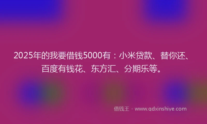 2025年的我要借钱5000有：小米贷款、替你还、百度有钱花、东方汇、分期乐等。