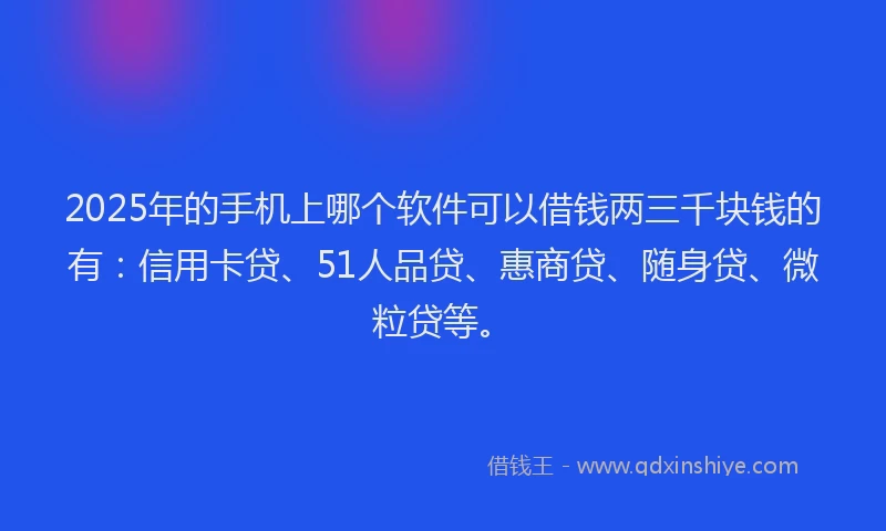 2025年的手机上哪个软件可以借钱两三千块钱的有：信用卡贷、51人品贷、惠商贷、随身贷、微粒贷等。