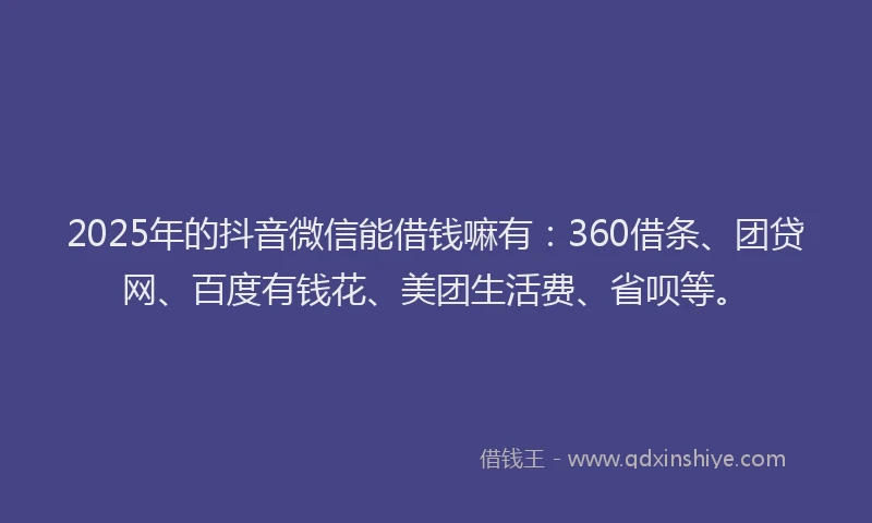 2025年的抖音微信能借钱嘛有：360借条、团贷网、百度有钱花、美团生活费、省呗等。