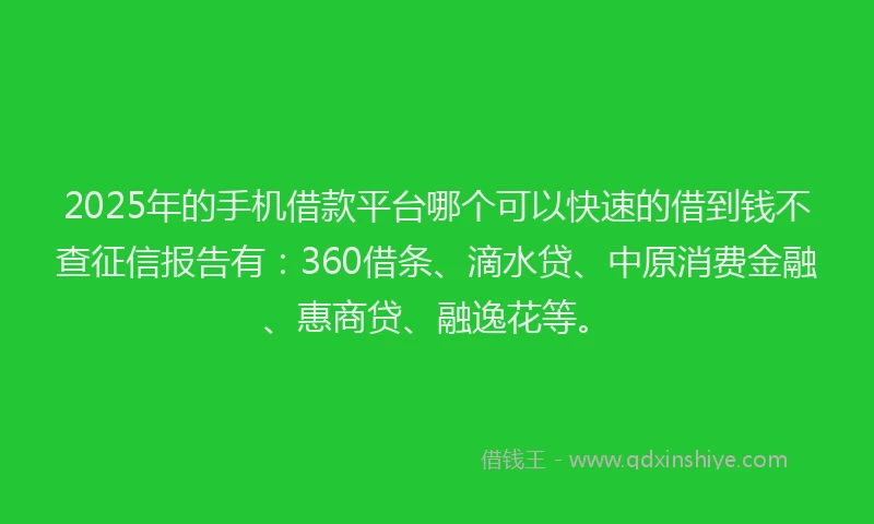 2025年的手机借款平台哪个可以快速的借到钱不查征信报告有：360借条、滴水贷、中原消费金融、惠商贷、融逸花等。