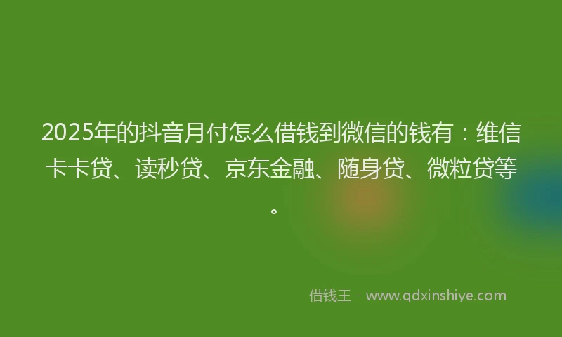 2025年的抖音月付怎么借钱到微信的钱有：维信卡卡贷、读秒贷、京东金融、随身贷、微粒贷等。