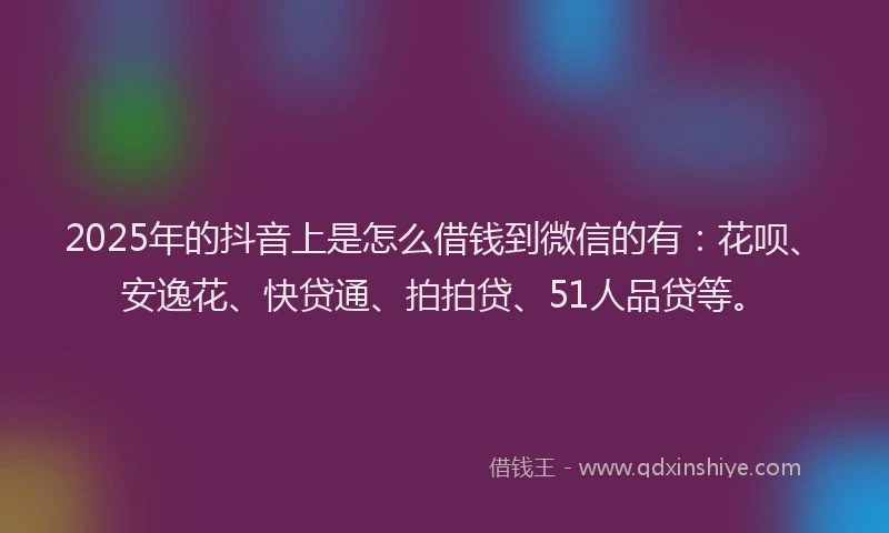 2025年的抖音上是怎么借钱到微信的有：花呗、安逸花、快贷通、拍拍贷、51人品贷等。