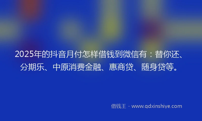 2025年的抖音月付怎样借钱到微信有：替你还、分期乐、中原消费金融、惠商贷、随身贷等。