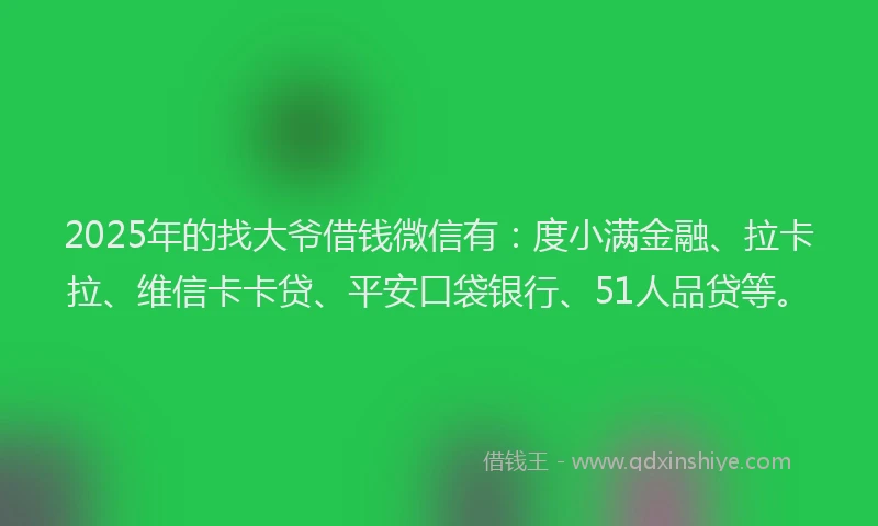 2025年的找大爷借钱微信有：度小满金融、拉卡拉、维信卡卡贷、平安口袋银行、51人品贷等。
