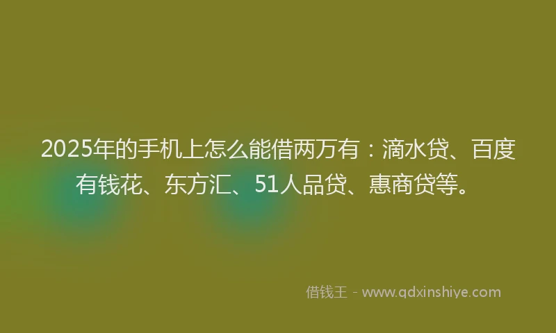2025年的手机上怎么能借两万有：滴水贷、百度有钱花、东方汇、51人品贷、惠商贷等。